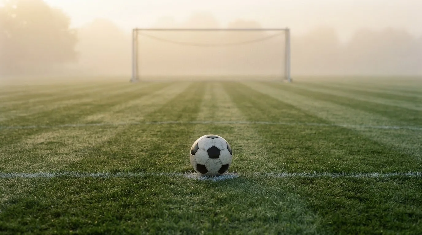 Ein Fußball liegt auf dem Elfmeterpunkt eines leeren Rasenplatzes, im Hintergrund unscharf ein Tor im Morgendunst.
