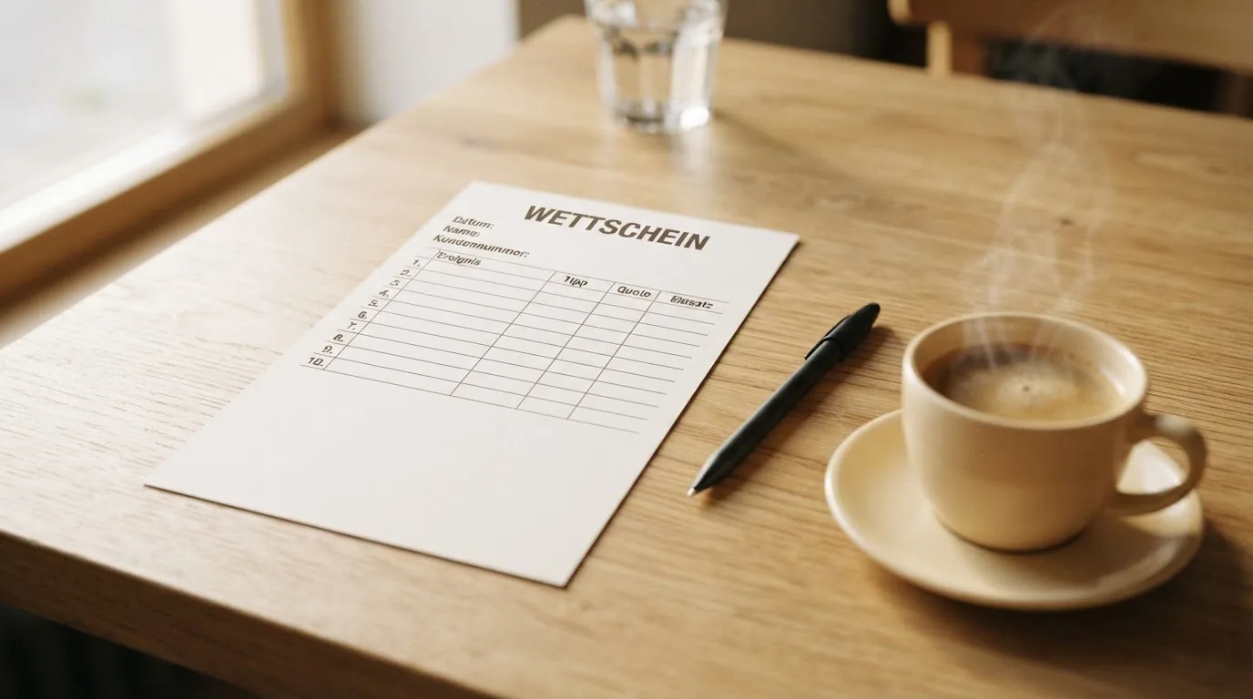 Ein leerer Wettschein aus Papier liegt neben einem Kugelschreiber und einer Tasse auf einem hellen Holztisch.