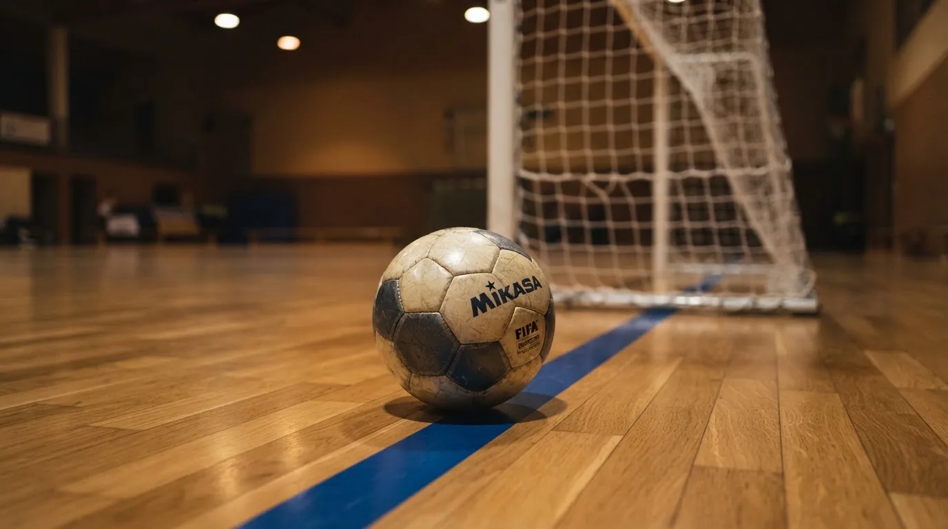 Ein kleiner schwerer Ball liegt in einer Halle auf dem Parkett vor einem Tor, warmes Licht aus den Deckenstrahlern.