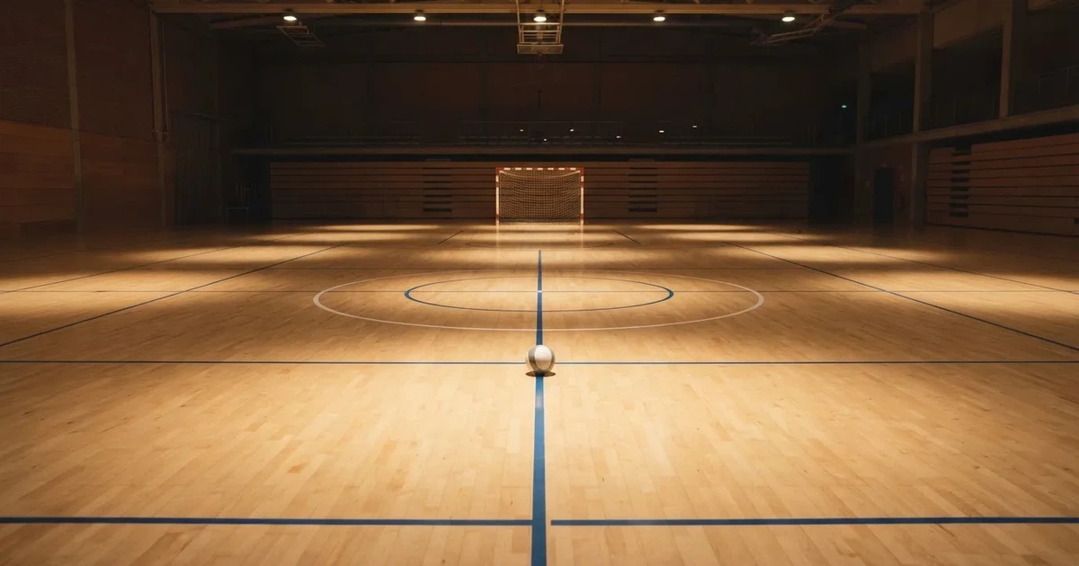 Eine leere Sporthalle mit hellem Hallenboden, kleinen Toren an beiden Enden und blauen Linien, Licht fällt von oben.