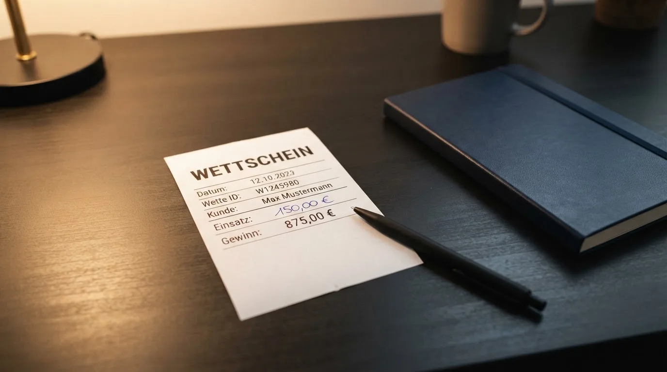 Ein leerer Papierwettschein und ein Kugelschreiber liegen auf einer glatten Schreibtischplatte neben einem Notizbuch.