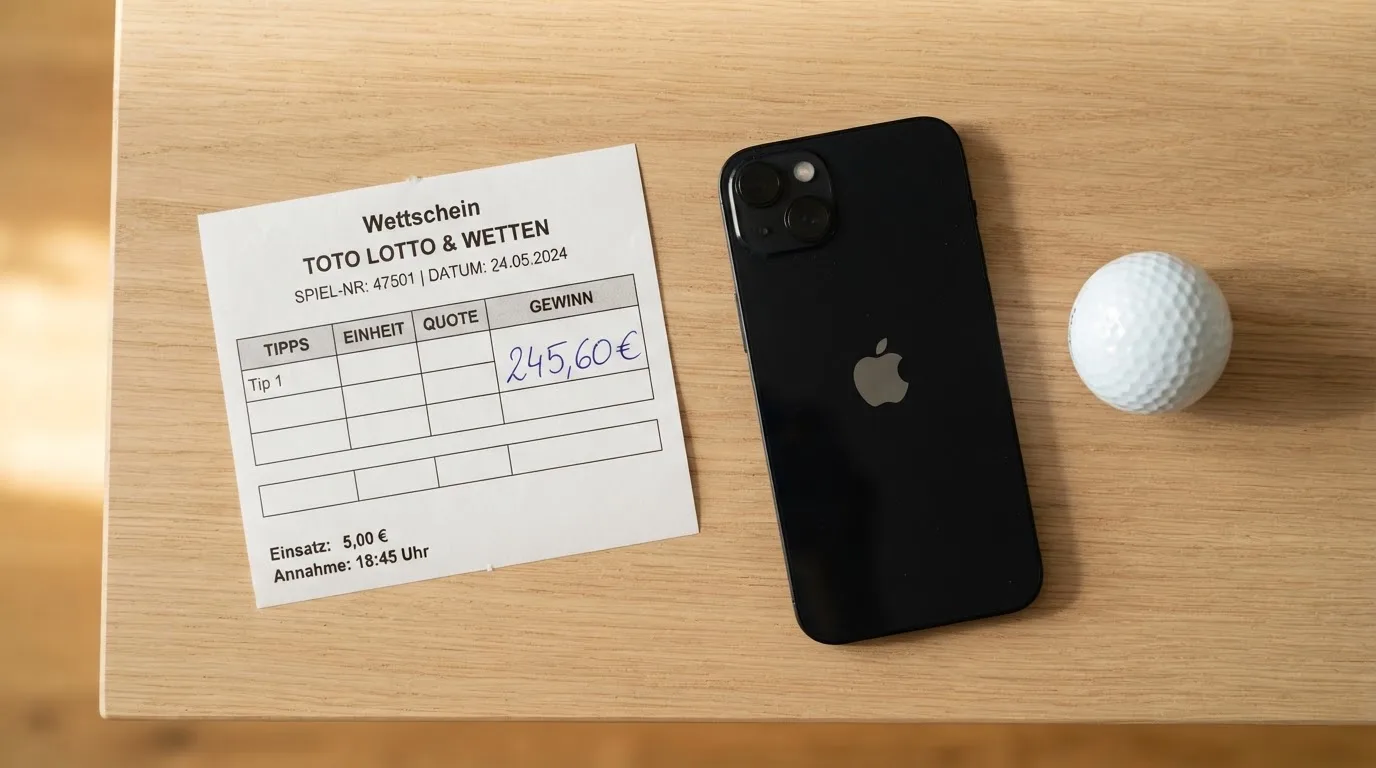 Ein leerer Wettschein aus Papier liegt neben einem Smartphone mit dunklem Display auf einem Tisch, daneben ein einzelner Golfball.
