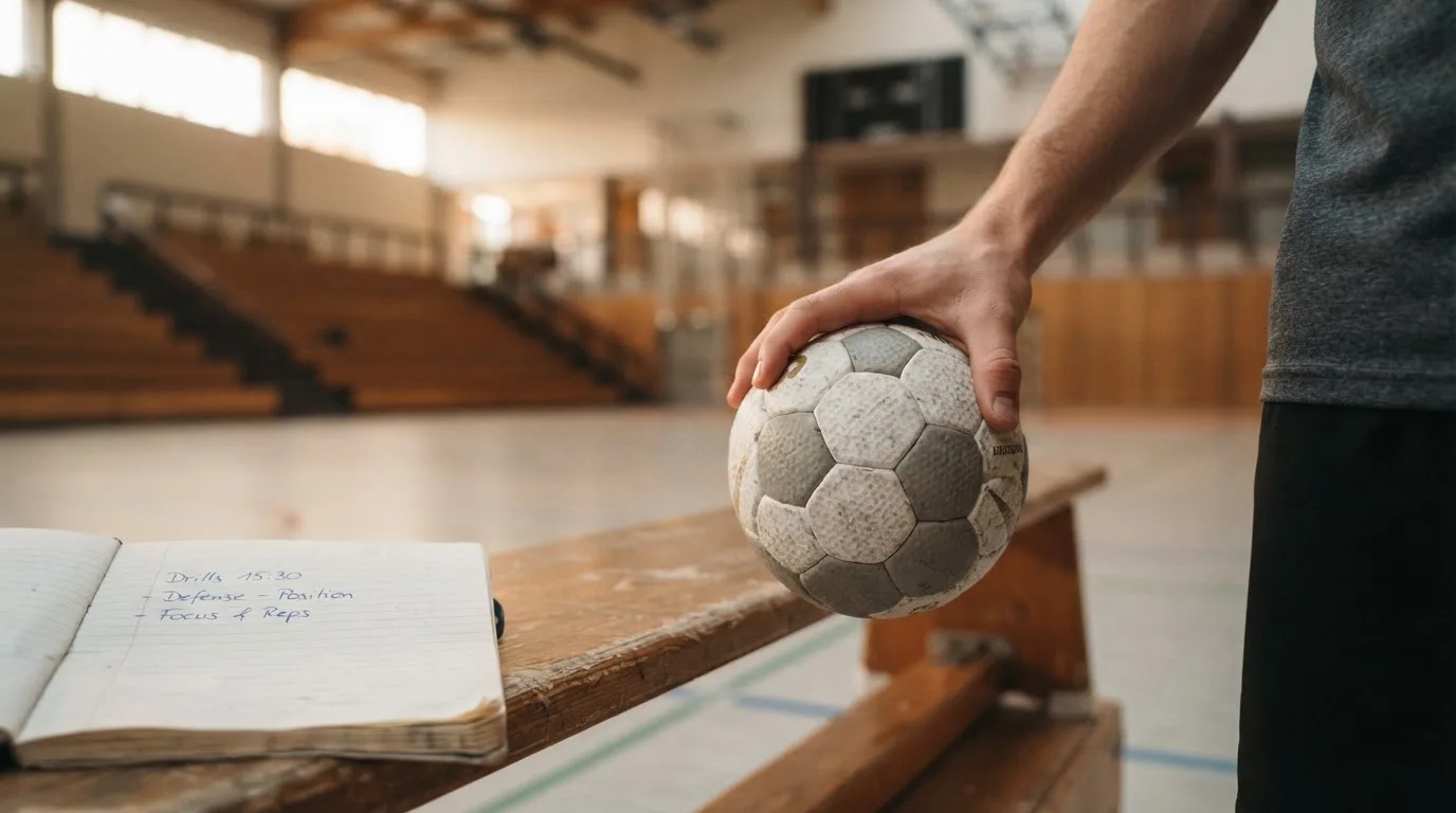 Eine Hand hält einen Handball, im Hintergrund eine unscharfe Tribüne, daneben liegt ein Notizblock auf einer Bank.