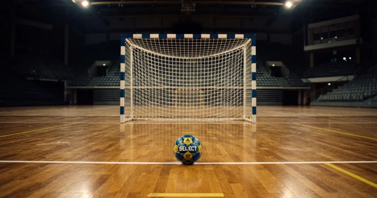 Ein Handball liegt auf dem Hallenboden vor einem Tor mit Netz, die leere Halle wird von Flutlicht beleuchtet.