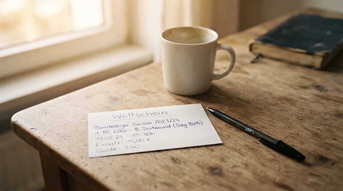 Ein leerer Wettschein aus Papier und ein Kugelschreiber liegen auf einem Schreibtisch neben einer Tasse Kaffee im Tageslicht.