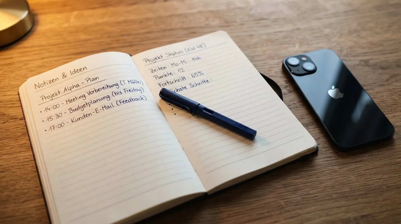 Ein Notizbuch mit handschriftlichen Notizen und ein Stift liegen auf einem Holztisch neben einem Smartphone mit dunklem Bildschirm.