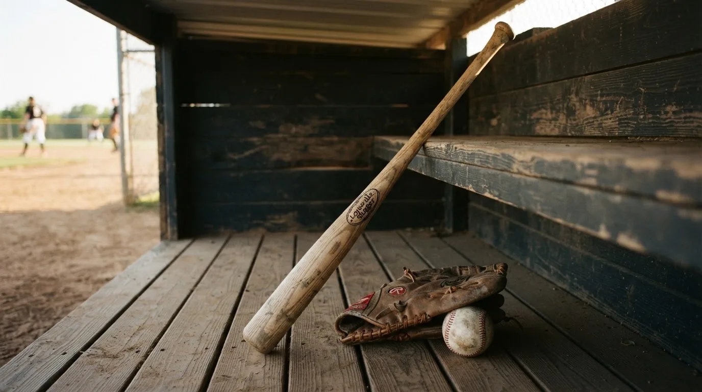 Ein Baseballschläger lehnt an einer Bank im Dugout, daneben liegen ein Handschuh und ein Ball im Licht der Nachmittagssonne.
