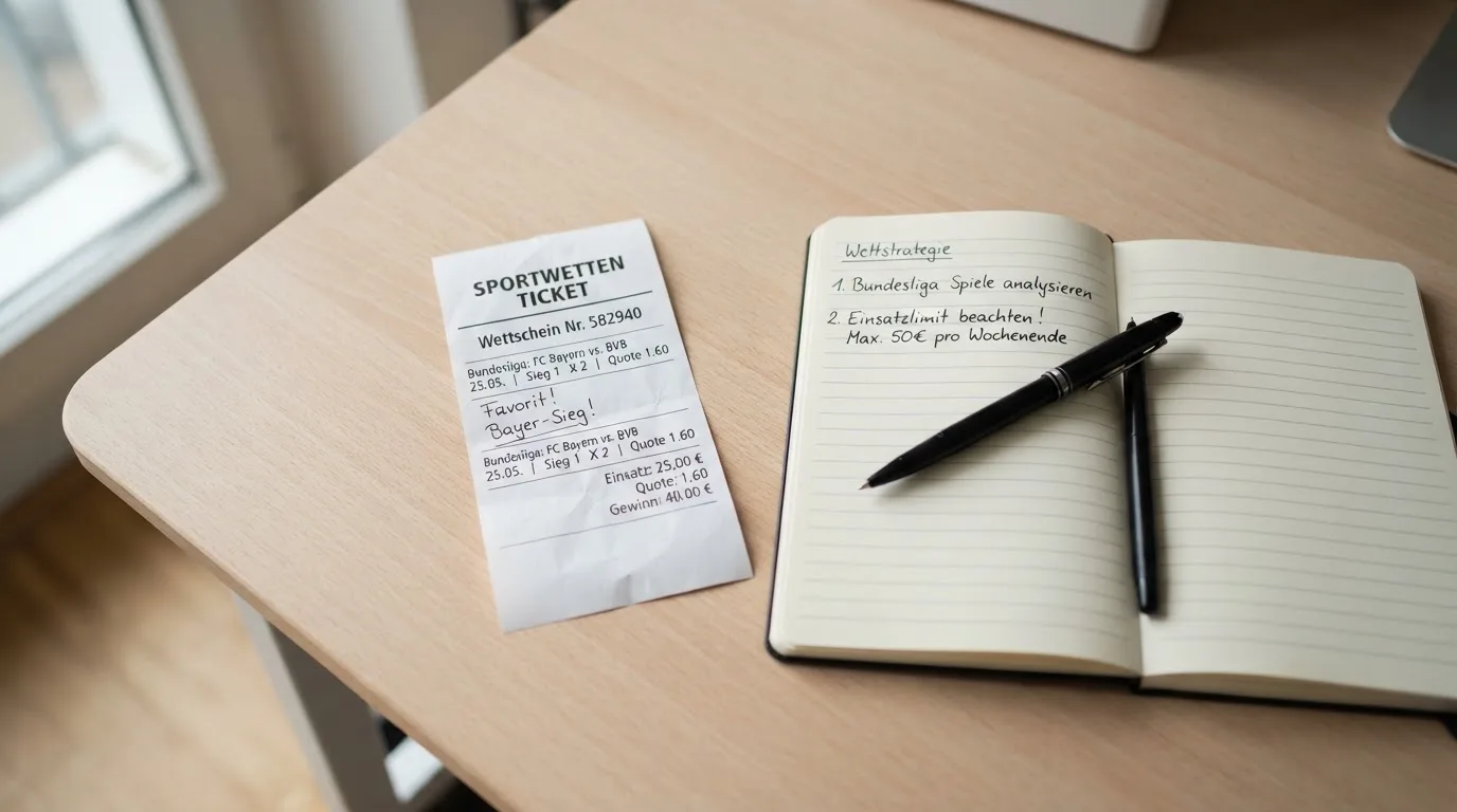 Ein leerer Wettschein aus Papier liegt neben einem Notizbuch und einem Stift auf einem aufgeräumten Schreibtisch.