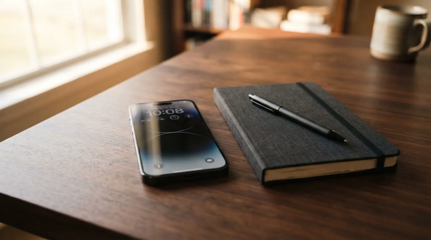 Ein Smartphone mit dunklem Display liegt neben einem Notizbuch und einem Kugelschreiber auf einem Tisch.