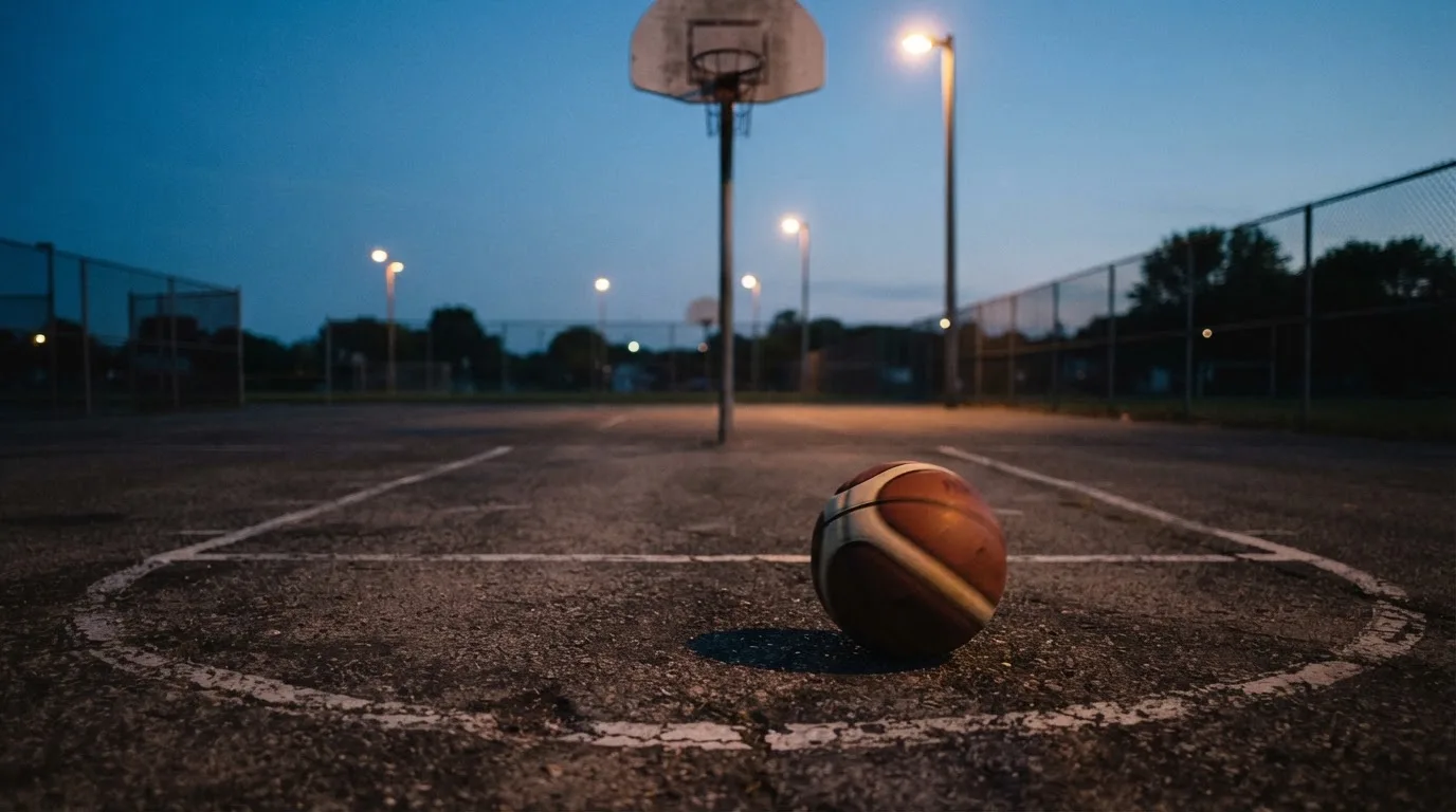 Ein Basketball rollt auf einem Freiluftplatz in der Abenddämmerung zu einem Korb, die Straßenlaternen leuchten bereits.