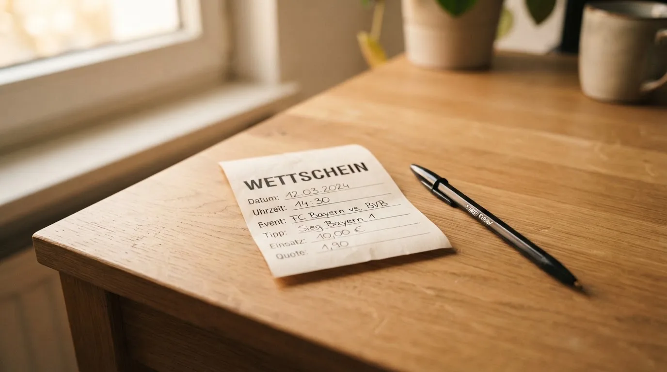 Ein leerer Wettschein aus Papier liegt neben einem Kugelschreiber auf einem Schreibtisch im Tageslicht.