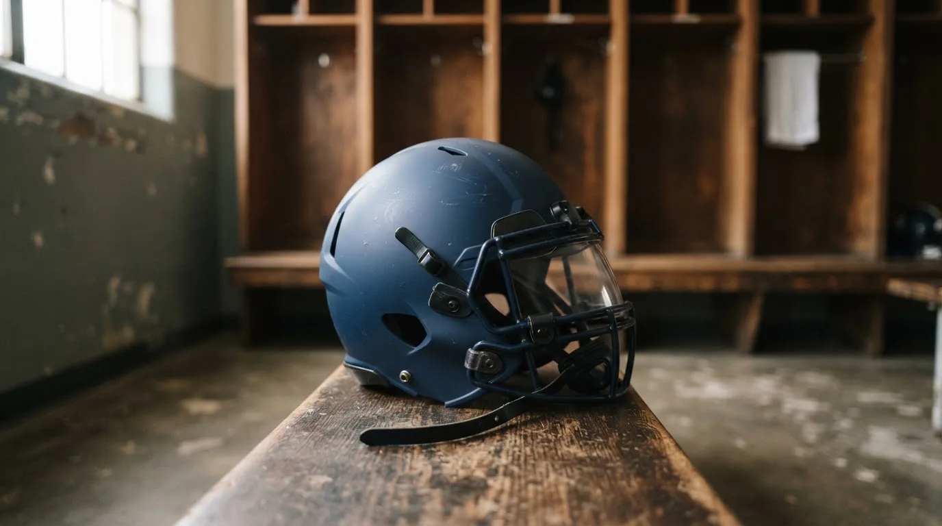 Ein neutraler Footballhelm ohne Aufdruck steht auf einer Holzbank in einer Umkleidekabine.