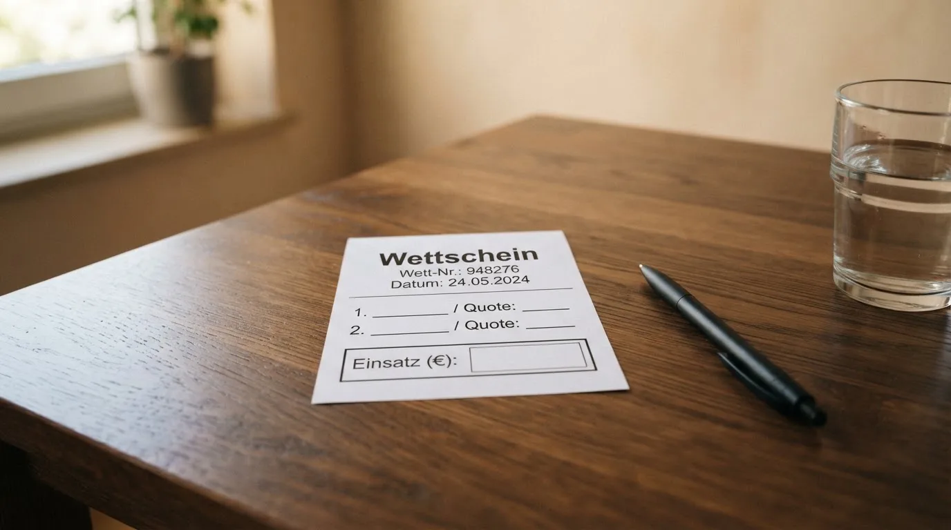 Ein leerer Wettschein aus Papier liegt neben einem Stift auf einem Tisch, daneben ein Glas Wasser.