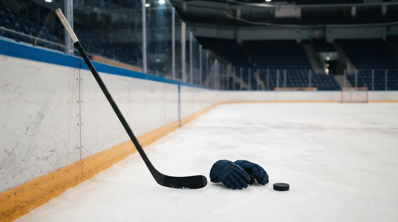 Ein Eishockeyschläger lehnt an einer Bande, daneben liegen ein Puck und ein Paar Handschuhe in einer Eishalle.