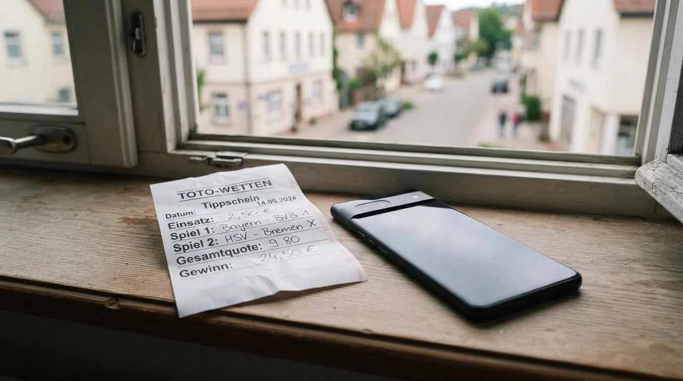 Ein leerer Wettschein aus Papier und ein Smartphone mit dunklem Display liegen auf einer Fensterbank im Tageslicht.