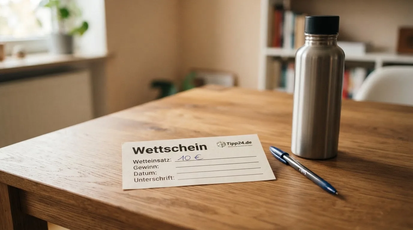 Ein leerer Wettschein aus Papier liegt neben einer Trinkflasche und einem Stift auf einem Tisch.