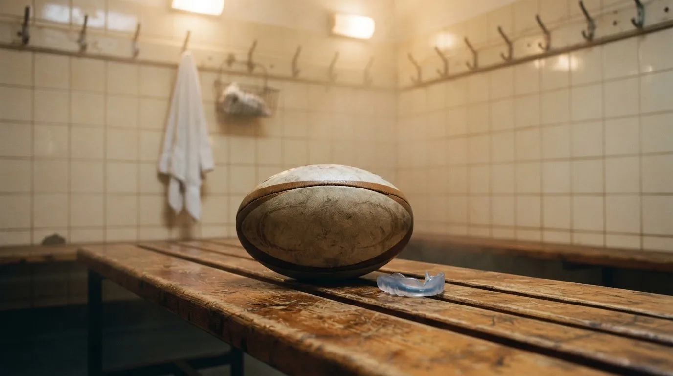 Ein Rugbyball und ein Mundschutz liegen auf einer Holzbank neben einer Reihe Kleiderhaken in einer Umkleide.