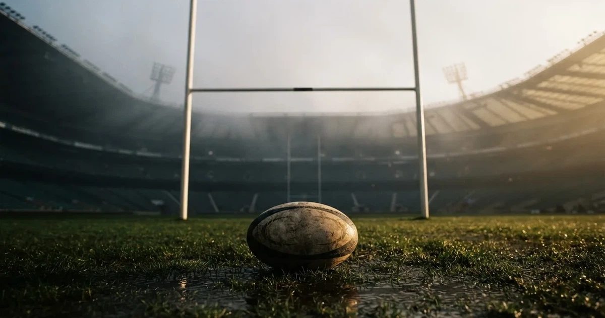 Ein ovaler Rugbyball liegt vor den hohen Torstangen auf nassem Rasen, über dem Stadion zieht Nebel auf.