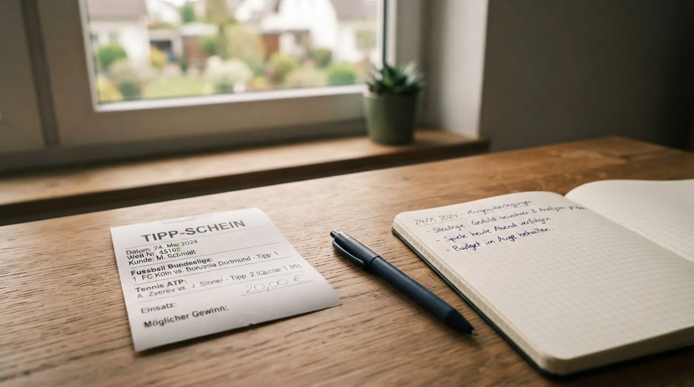 Ein leerer Wettschein aus Papier liegt neben einem Notizbuch und einem Stift auf einem Schreibtisch am Fenster.