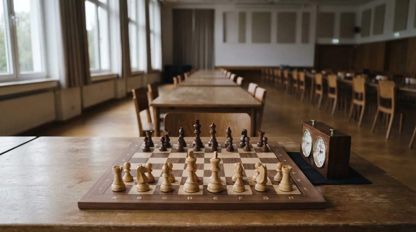 Ein Schachbrett und eine Schachuhr stehen auf einem Tisch in einem leeren Turniersaal, die Stühle sind ordentlich zurückgeschoben.