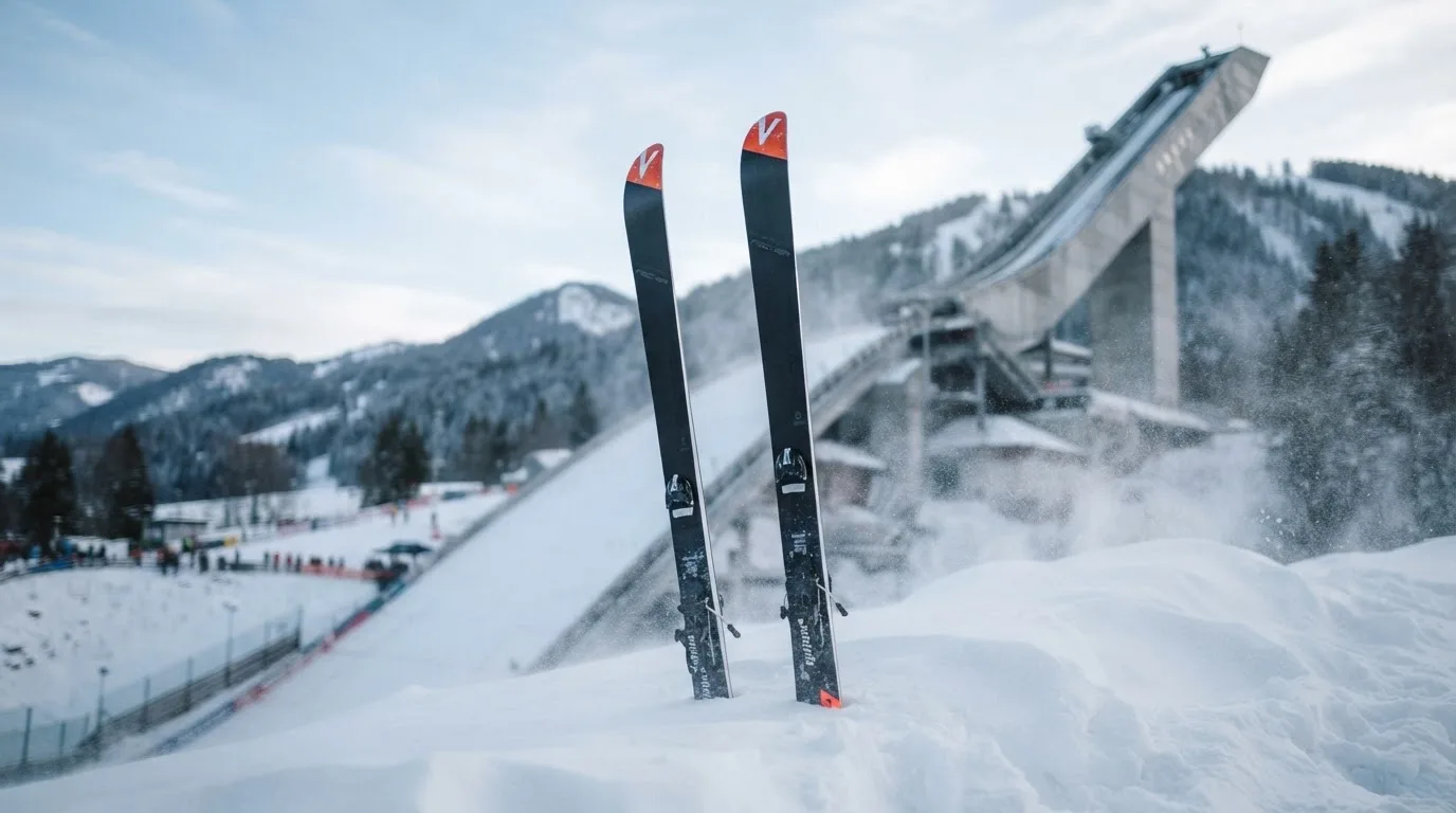 Ein Paar Skier steckt aufrecht im Schnee neben einem Anlaufturm, im Hintergrund wirbelt feiner Schnee im Wind.