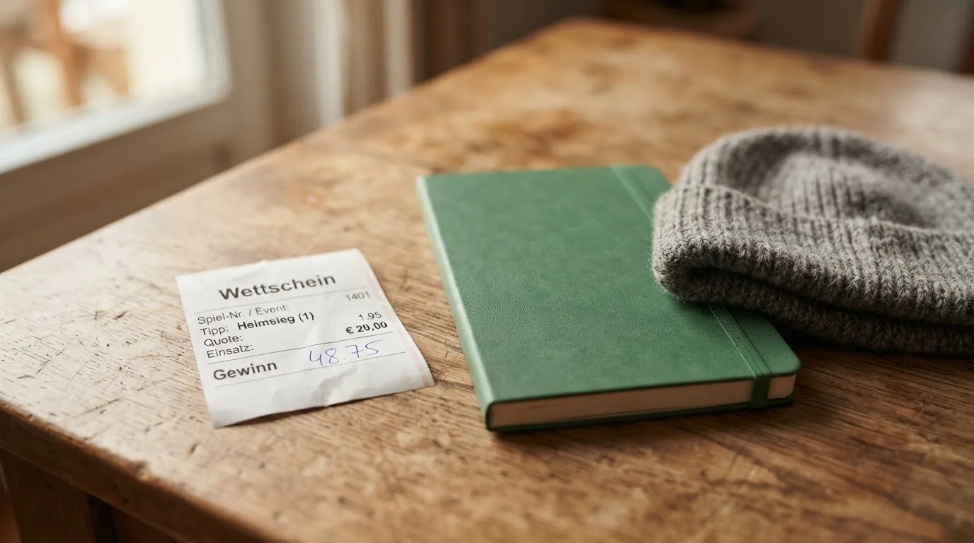 Ein leerer Wettschein aus Papier und ein Notizbuch liegen neben einer Wollmütze auf einem Holztisch.