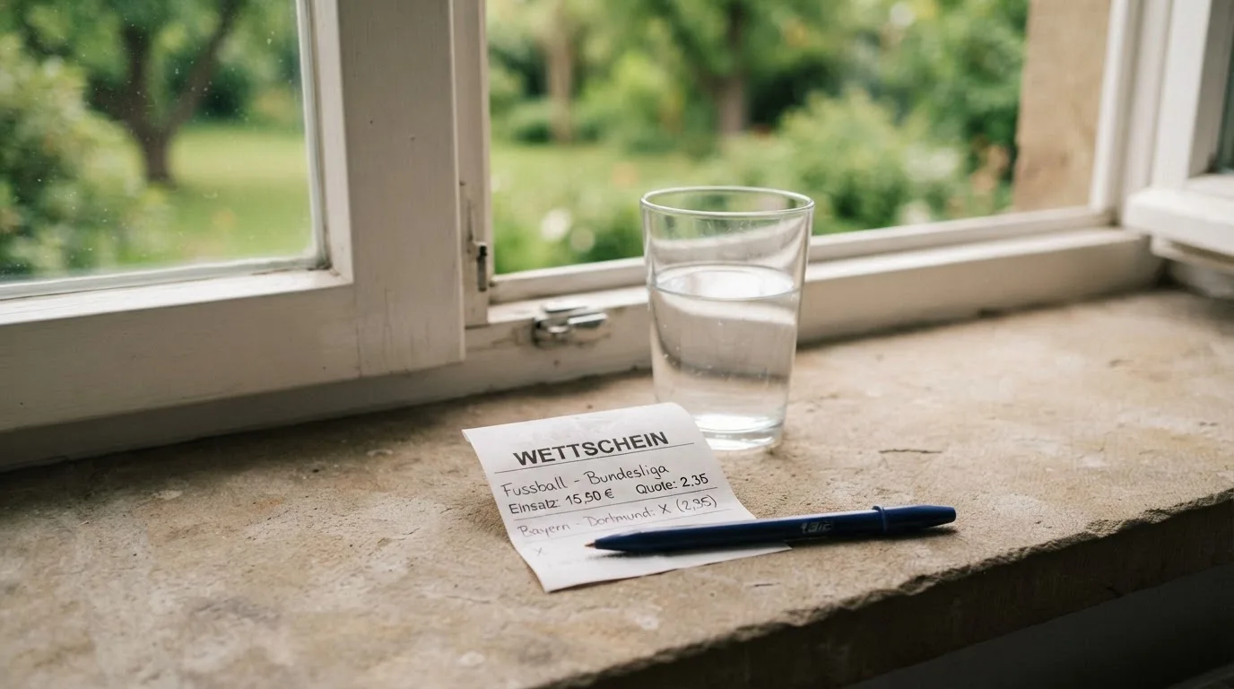 Ein leerer Wettschein aus Papier und ein Kugelschreiber liegen neben einem Glas Wasser auf einer Fensterbank.