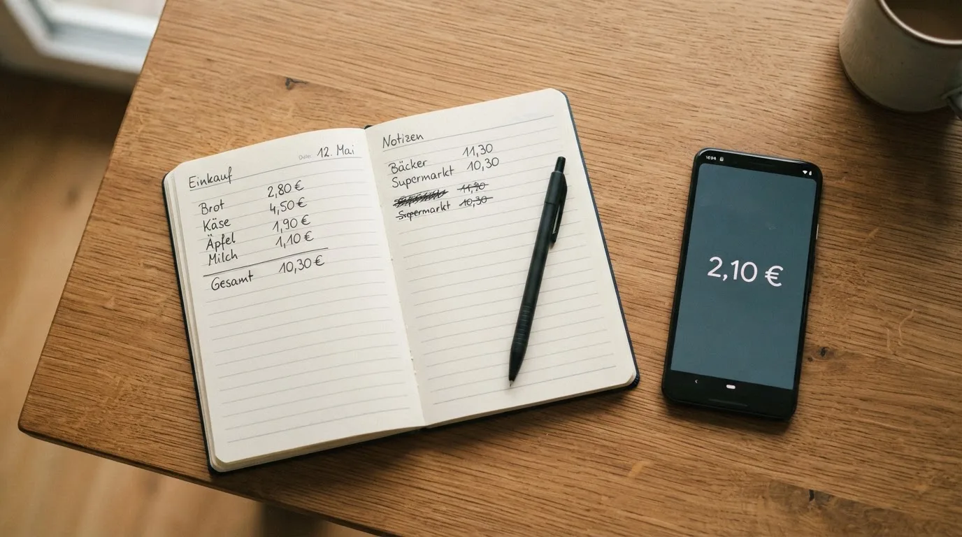 Ein aufgeschlagenes Notizbuch mit handschriftlichen Rechnungen liegt neben Stift und Smartphone auf einem Holztisch im Tageslicht.