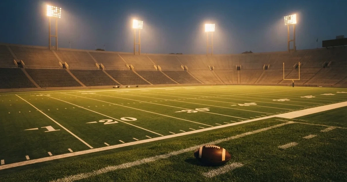 Ein Footballstadion bei Flutlicht aus der Ferne gesehen, davor ein leerer Rasen mit Yard-Linien und ein ovaler Ball am Spielfeldrand.