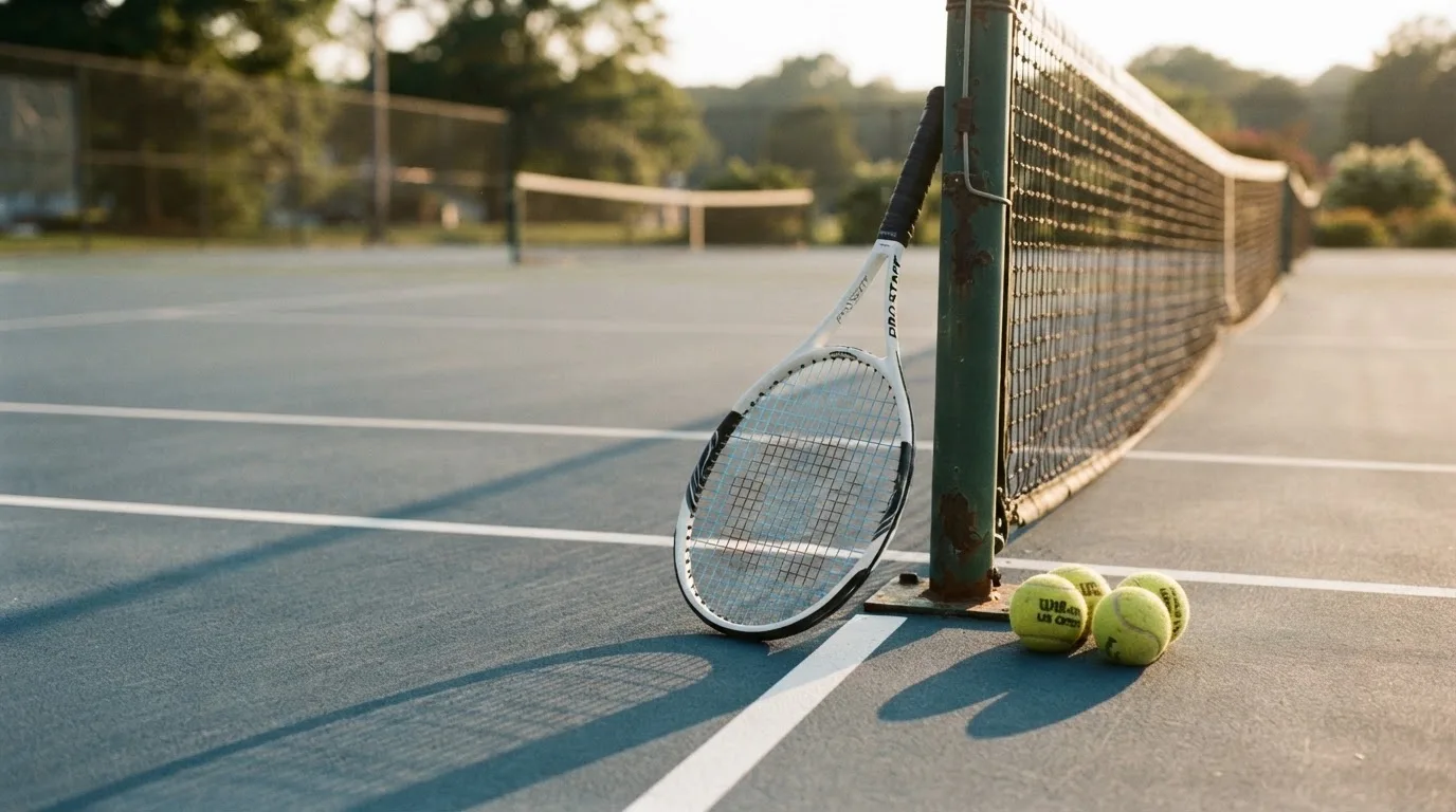 Ein Tennisschläger lehnt an einem Netzpfosten, daneben liegen drei Bälle auf einem Hartplatz in warmem Nachmittagslicht.