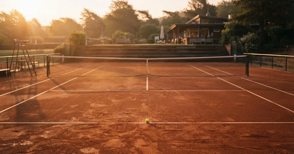 Ein Sandplatz am frühen Morgen mit frisch gezogenen Linien, einem Netz in der Mitte und einem gelben Ball auf der Grundlinie.