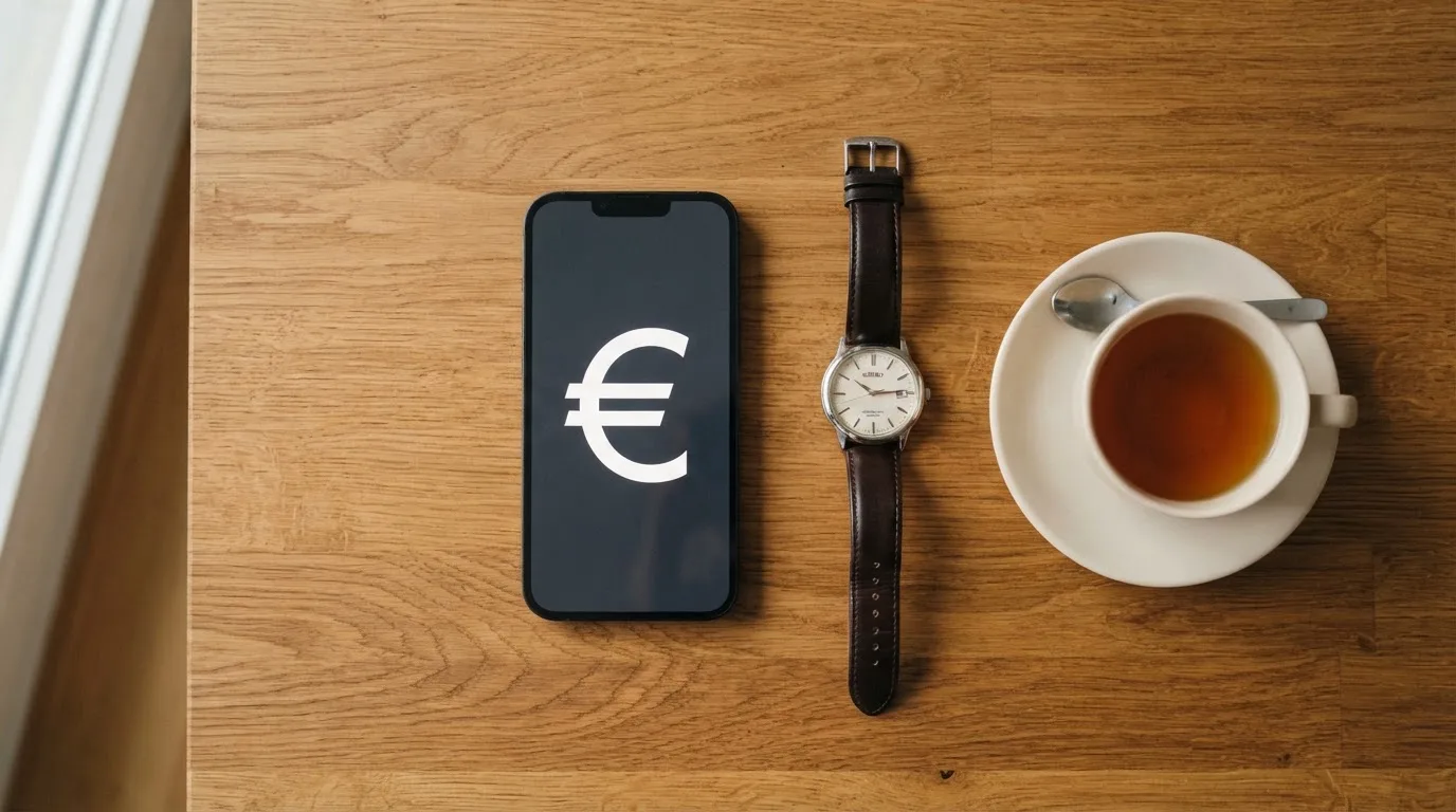 Ein Smartphone liegt mit dem Display nach unten auf einem Holztisch neben einer Armbanduhr und einer Tasse Tee.