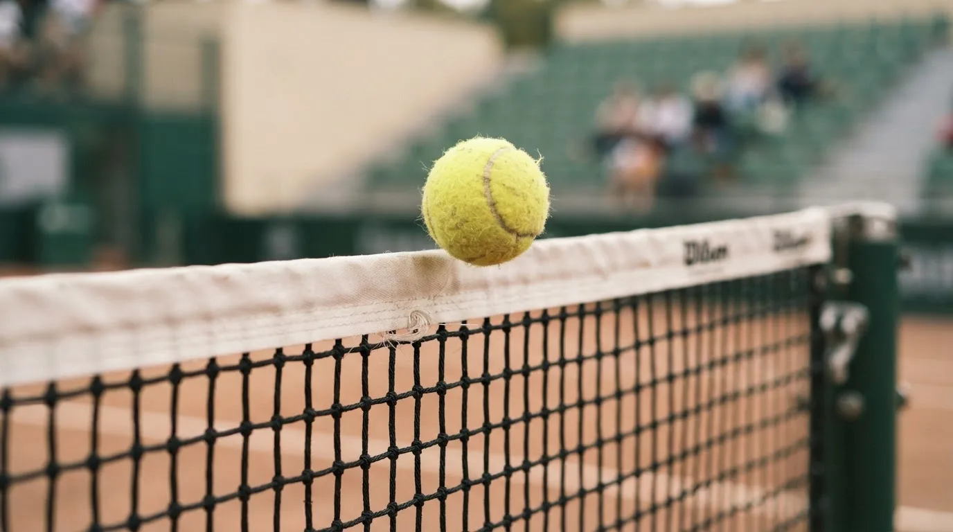 Ein Tennisball in Großaufnahme fliegt über das Netz, im Hintergrund eine unscharfe, fast leere Tribüne.