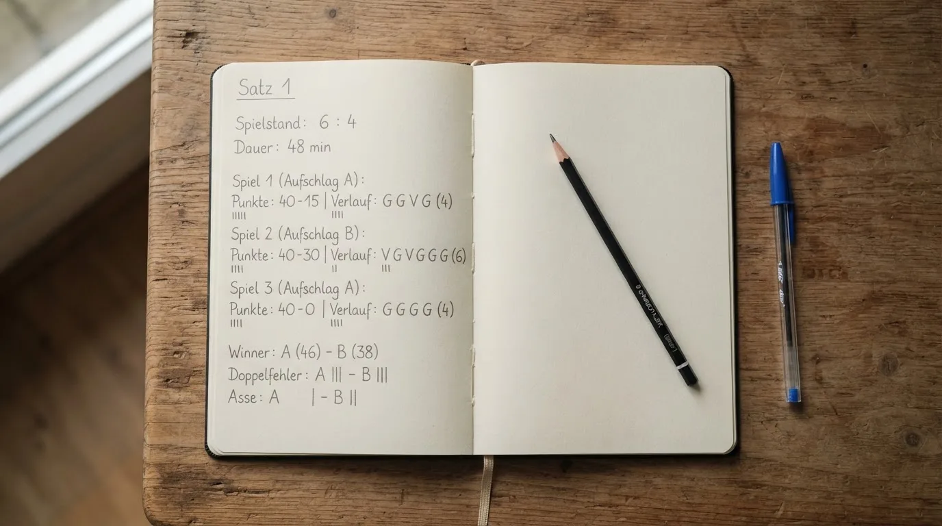 Ein Notizbuch mit handgezeichneten Kurven und Strichlisten liegt neben Bleistift und Taschenrechner auf einem Schreibtisch.