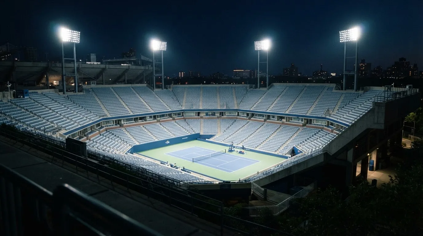Ein großes Tennisstadion aus der Ferne unter Flutlicht, die Tribünen sind fast leer und der Platz liegt still da.