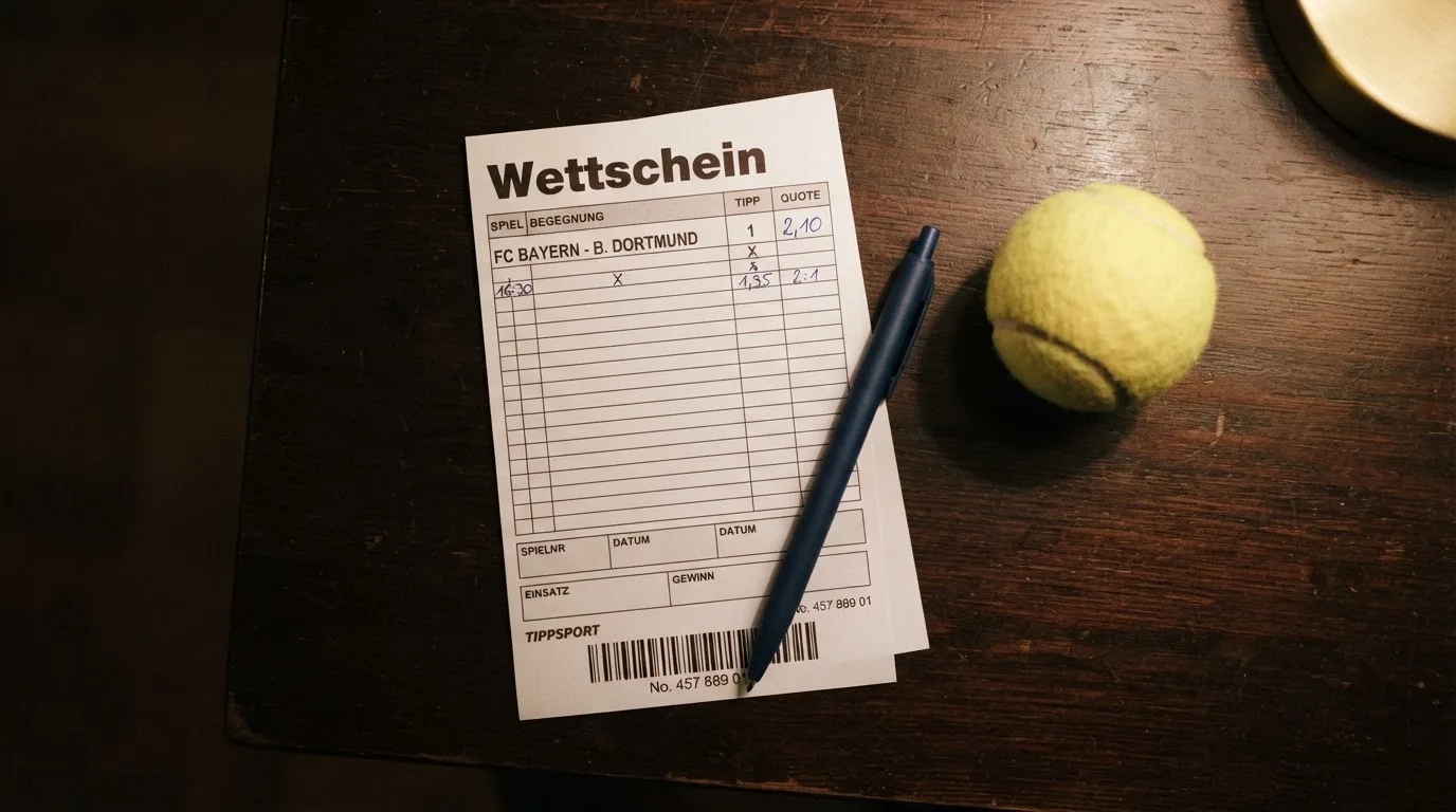 Ein blanker Papier-Wettschein und ein Kugelschreiber liegen auf einem Tisch neben einem gelben Tennisball.