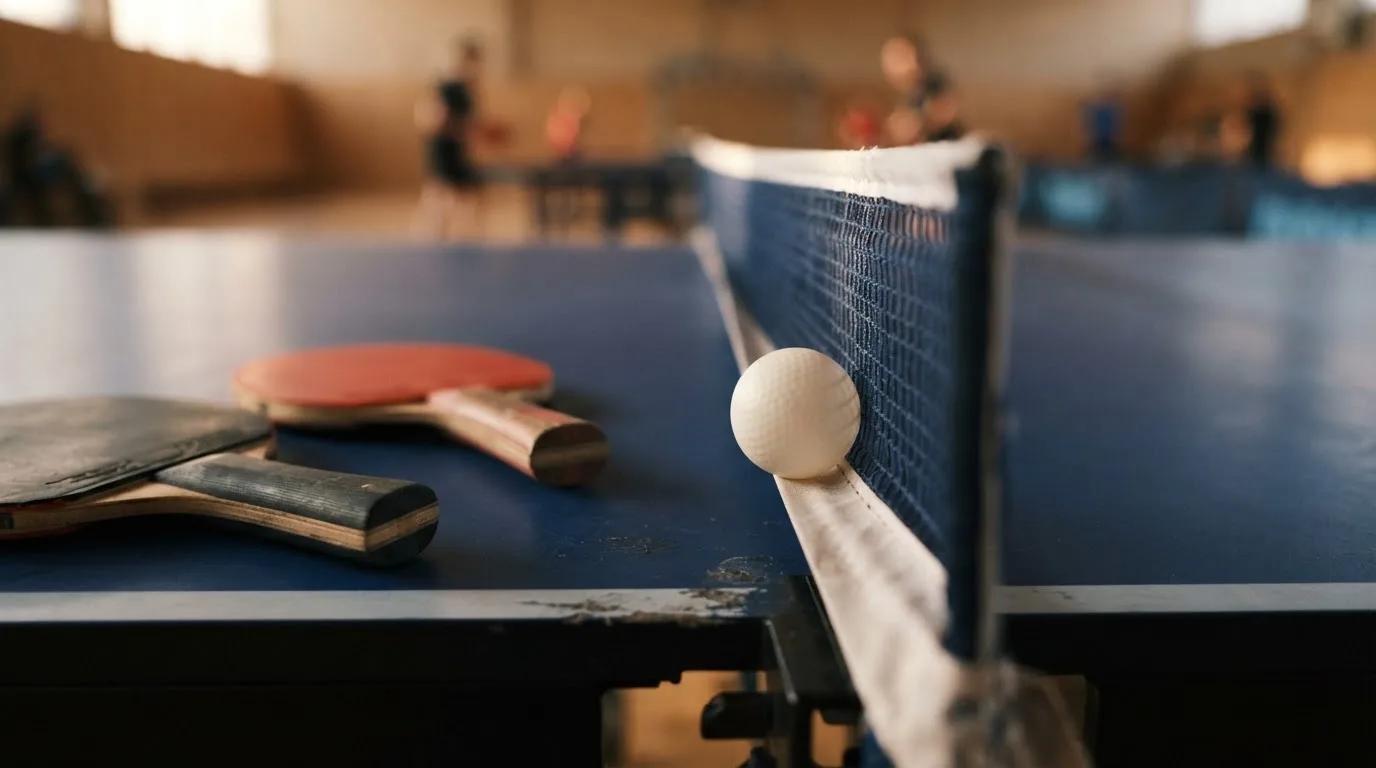Ein weißer Ball liegt in Nahaufnahme auf der Netzkante einer Tischtennisplatte, daneben zwei Holzschläger mit rotem und schwarzem Belag.