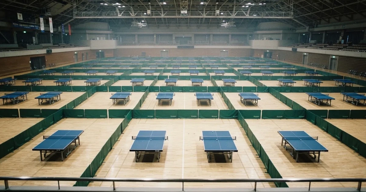 Eine Tischtennishalle aus erhöhter Perspektive mit mehreren blauen Tischen in Reihen unter gedämpftem Hallenlicht, ohne Personen.