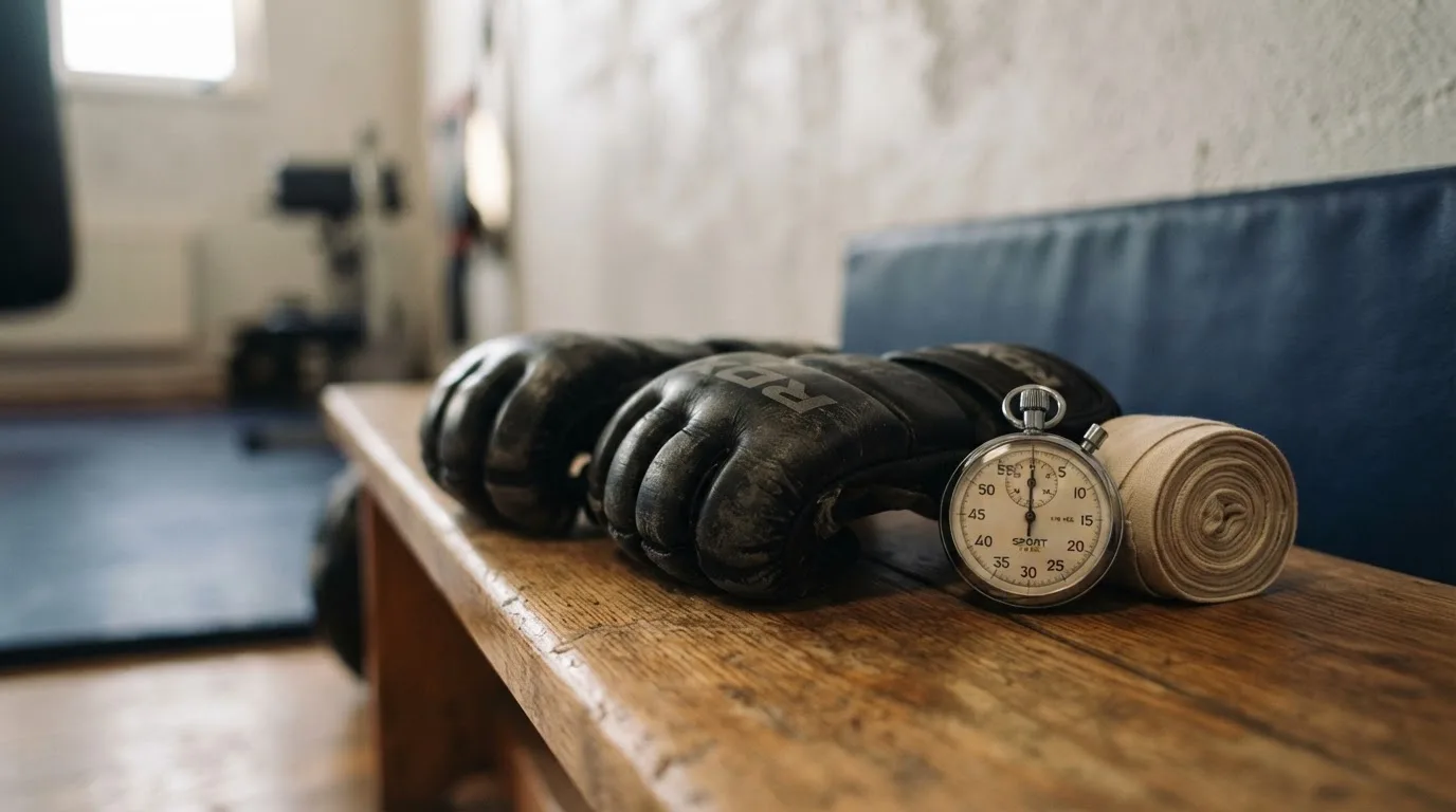 Ein Paar Kampfhandschuhe und eine Stoppuhr liegen auf einer Bank im Trainingsraum neben einer aufgerollten Handbandage.