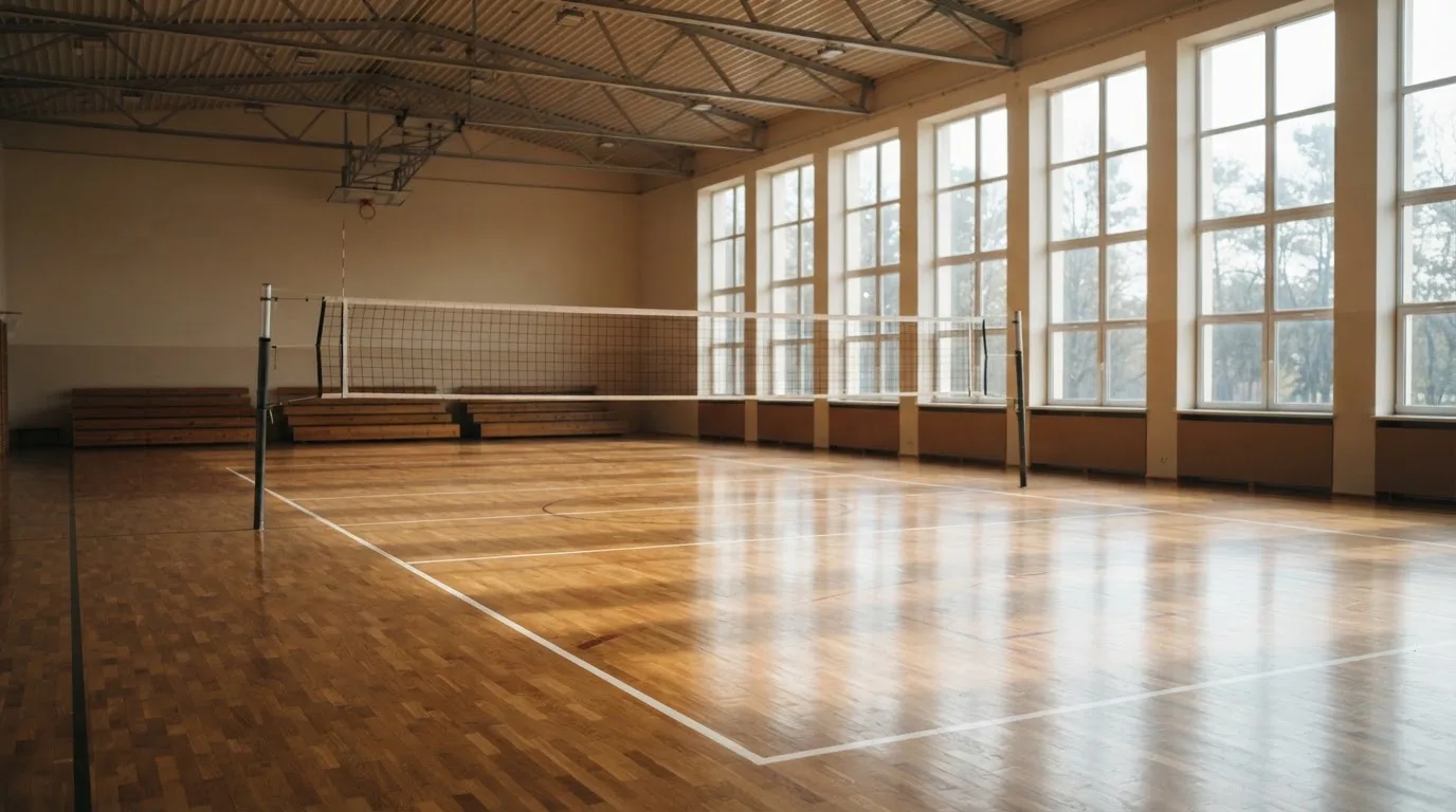 Eine leere Sporthalle mit gespanntem Volleyballnetz und glänzendem Parkett, durch hohe Fenster fällt Tageslicht.
