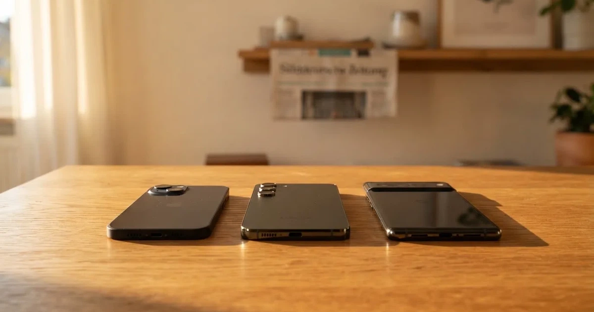 Mehrere Smartphones unterschiedlicher Größe liegen nebeneinander auf einem Holztisch, die Bildschirme sind dunkel.
