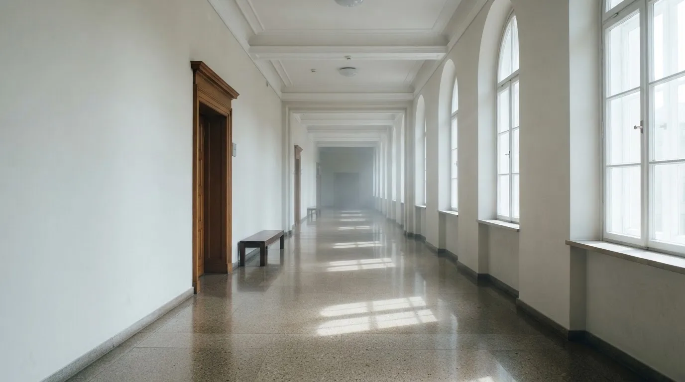 Ein leerer Amtsflur mit hohen Fenstern und glänzendem Steinboden, durch die Fenster fällt das Licht eines Vormittags.