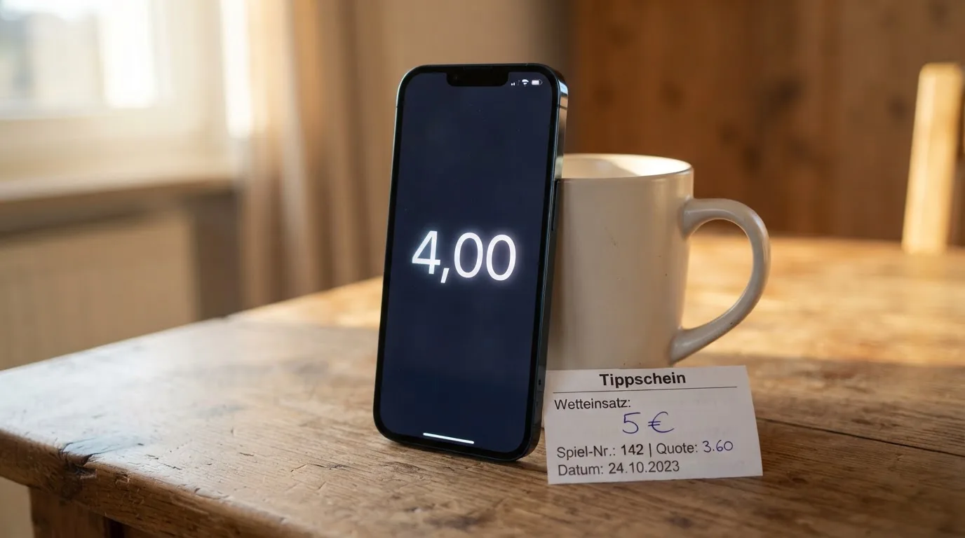 Ein Smartphone mit dunklem Bildschirm lehnt an einer Kaffeetasse auf einem Holztisch, daneben ein blanker Papier-Wettschein.
