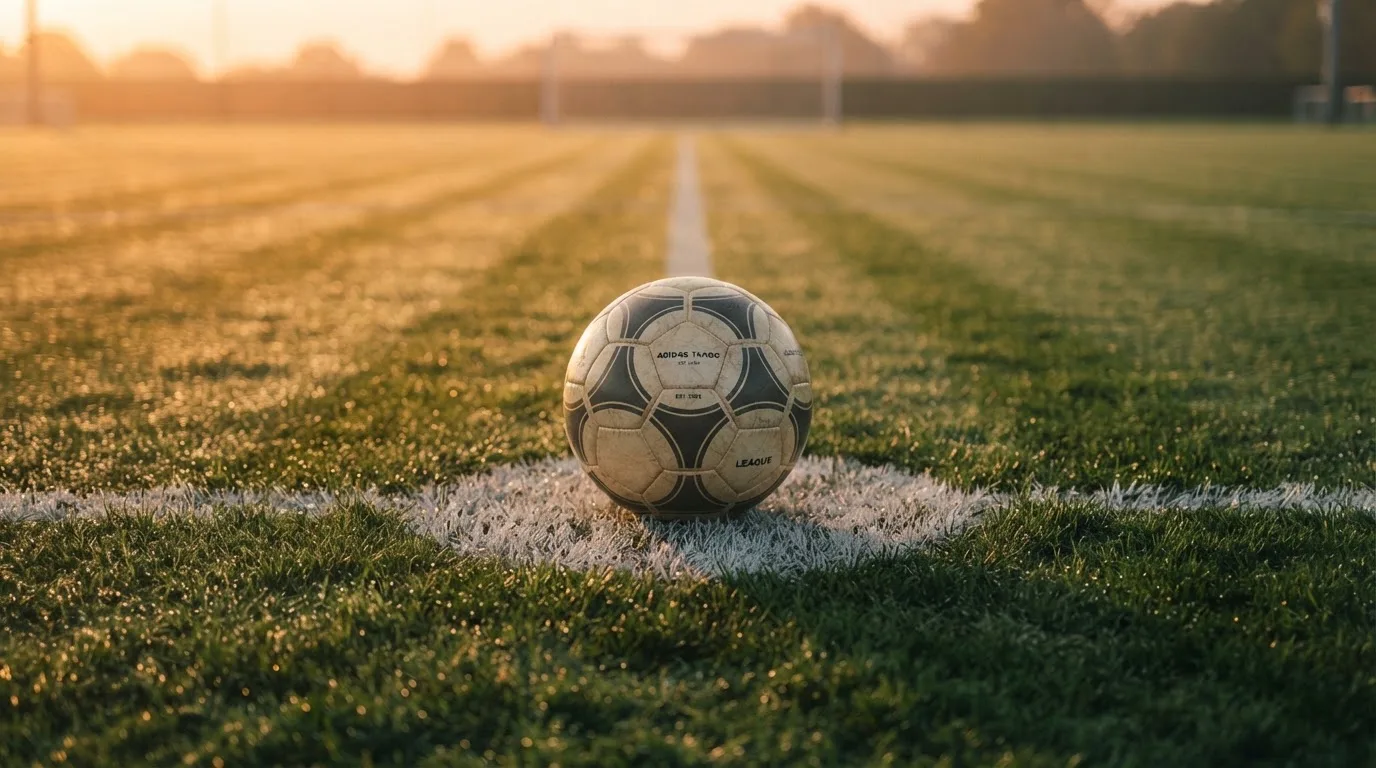 Ein Fußball liegt auf dem Anstoßpunkt eines Rasenplatzes im ersten Morgenlicht, Tau glänzt auf dem Gras.