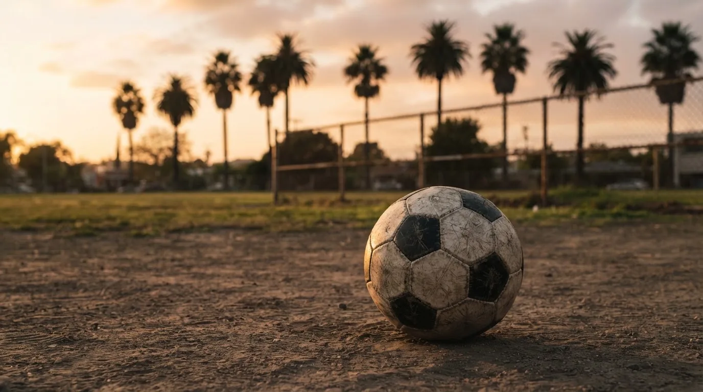 Ein Fußball liegt auf einem staubigen Bolzplatz mit Palmen im Hintergrund in warmem Abendlicht.
