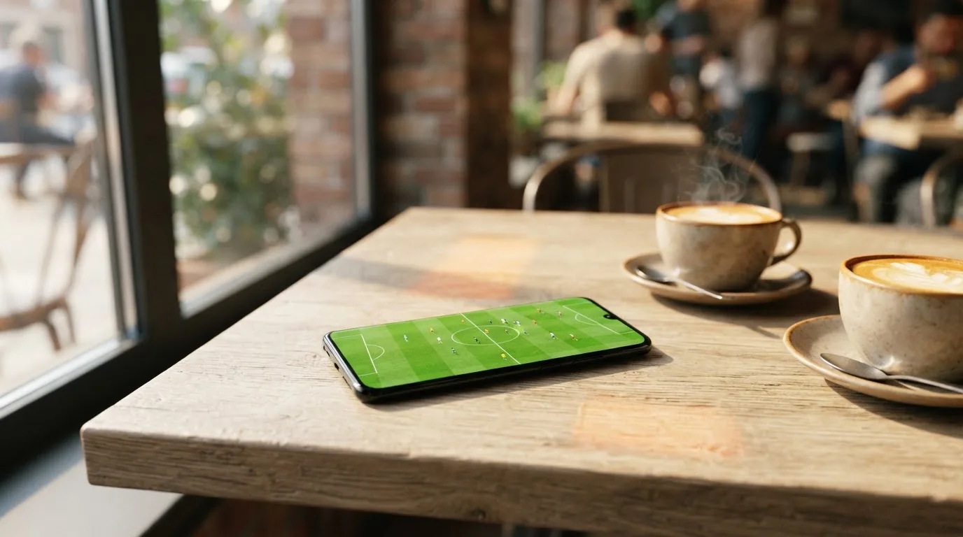 Zwei Kaffeetassen und ein dunkles Smartphone stehen auf einem Café-Tisch am Fenster im Morgenlicht.