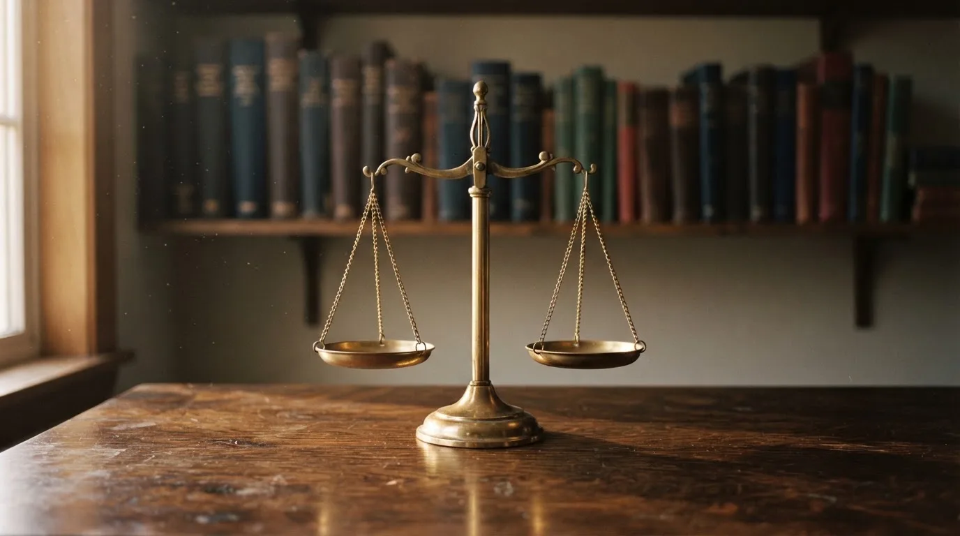 Eine Messingwaage steht auf einem dunklen Holztisch, dahinter eine unscharfe Regalwand mit geschlossenen Büchern.