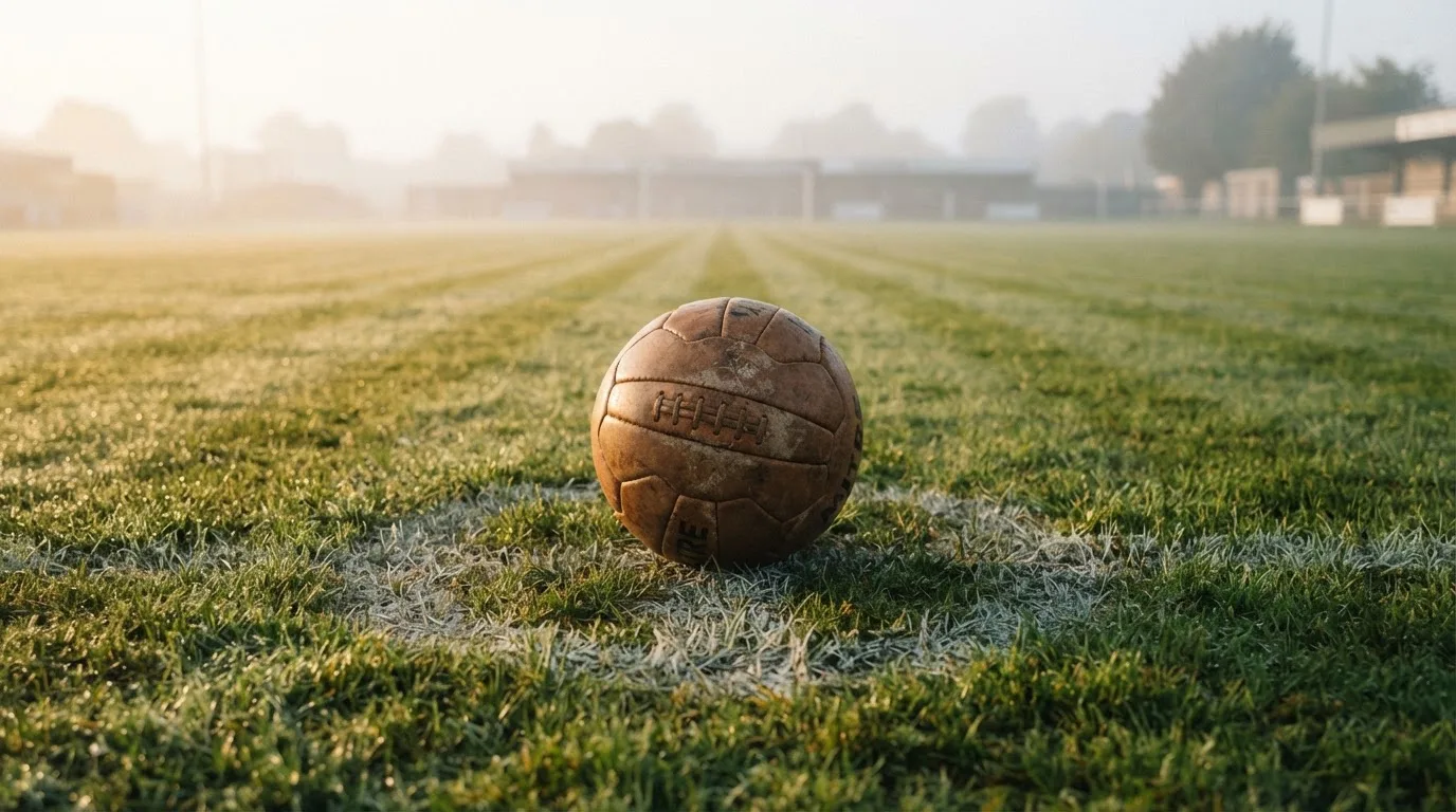 Ein abgewetzter Fußball liegt auf dem Anstoßkreis eines Naturrasens im Morgennebel.