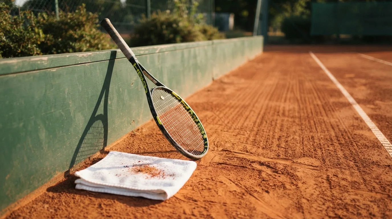 Ein Tennisschläger lehnt an einer dunkelgrünen Bande ohne Aufschrift auf einem Sandplatz, daneben liegt ein Handtuch.