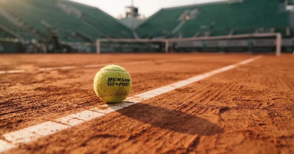 Ein Sandplatz mit rötlichem Belag und gezogenen weißen Linien, ein einzelner Tennisball liegt neben der Linie, im Hintergrund eine leere Tribüne.